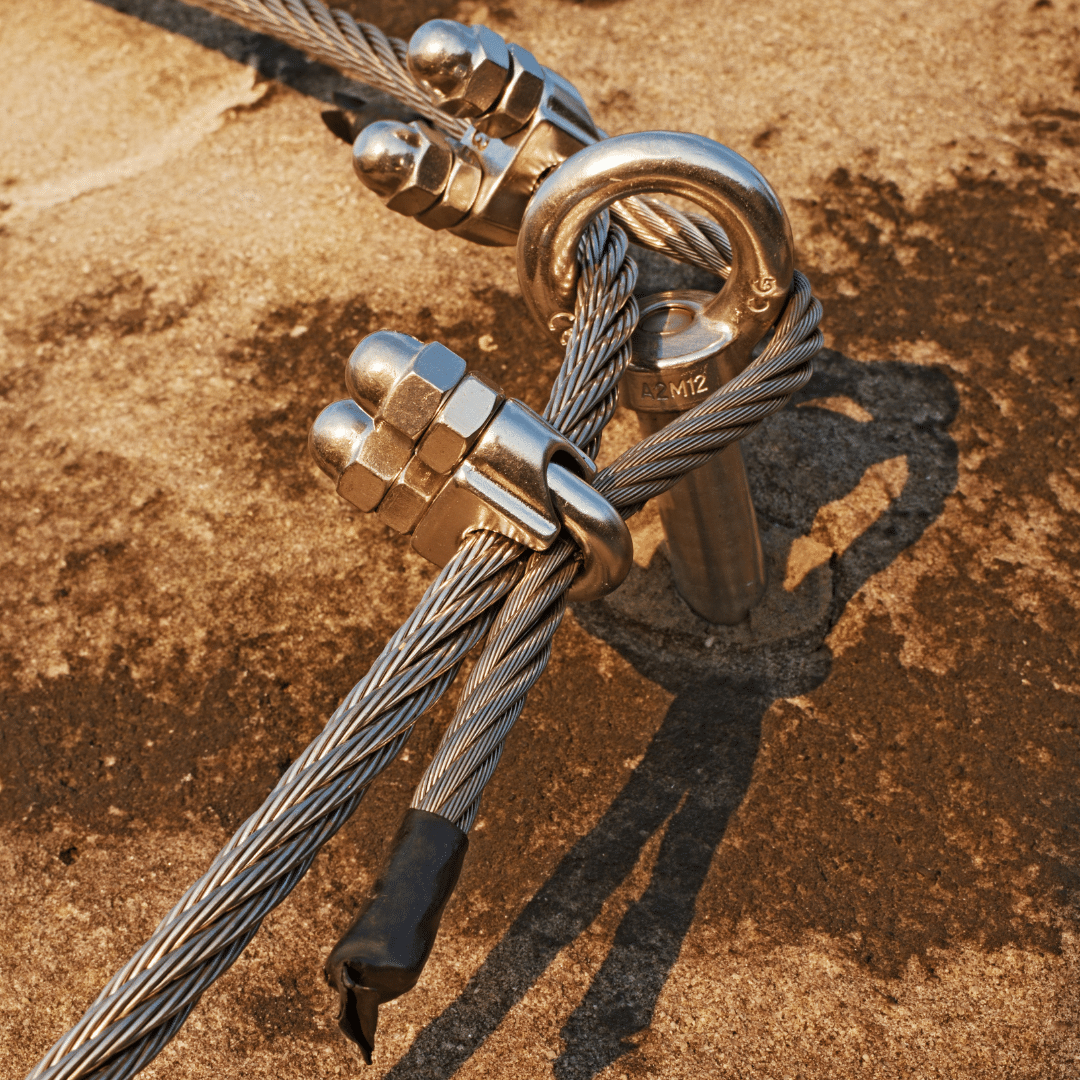 Eye Bolts manufactured by B.B. Price being used for securing cables and ropes